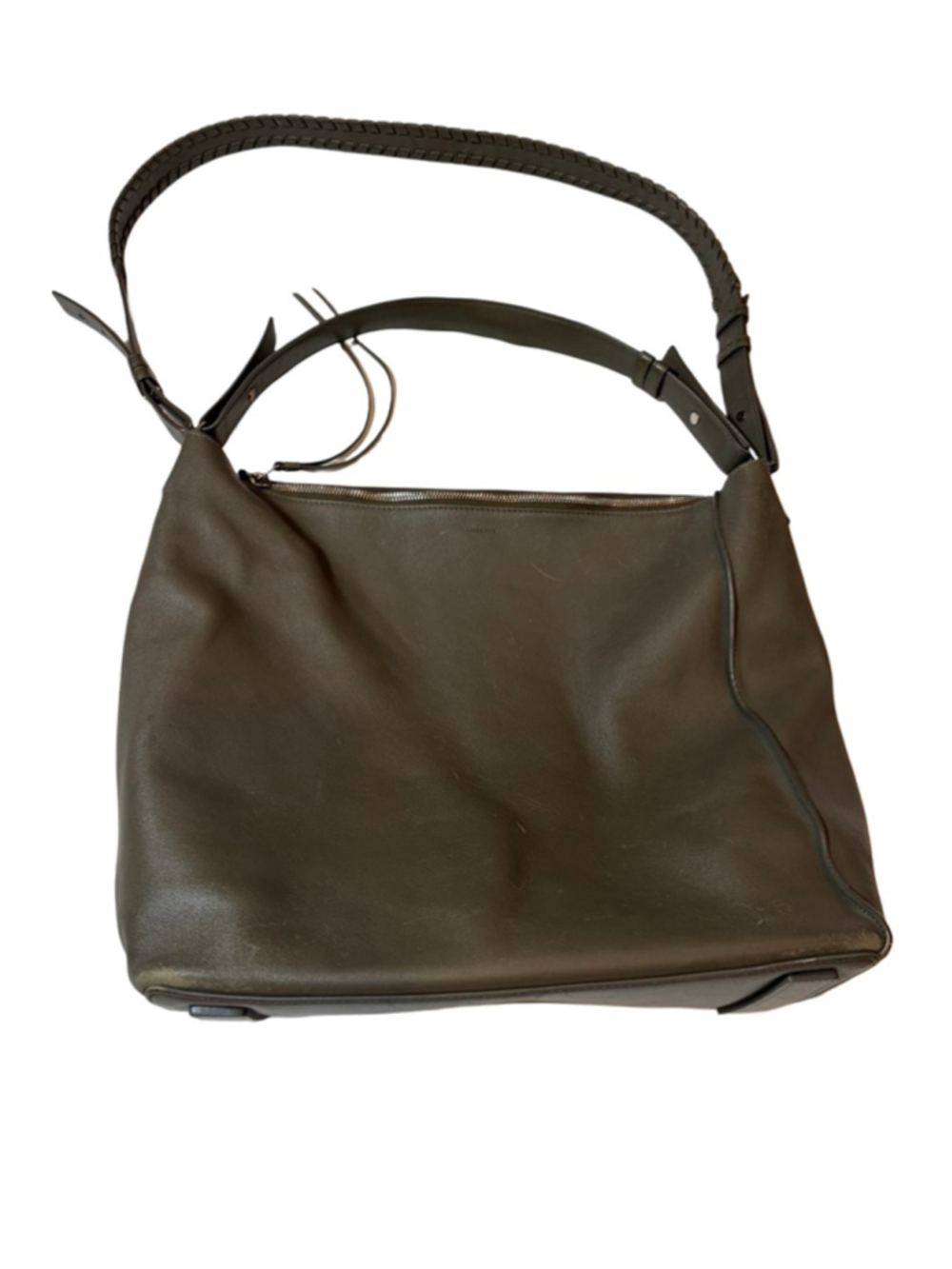 AllSaints Kita Leather Tote Bag Taupe Gray Slouchy Shoulder Purse read